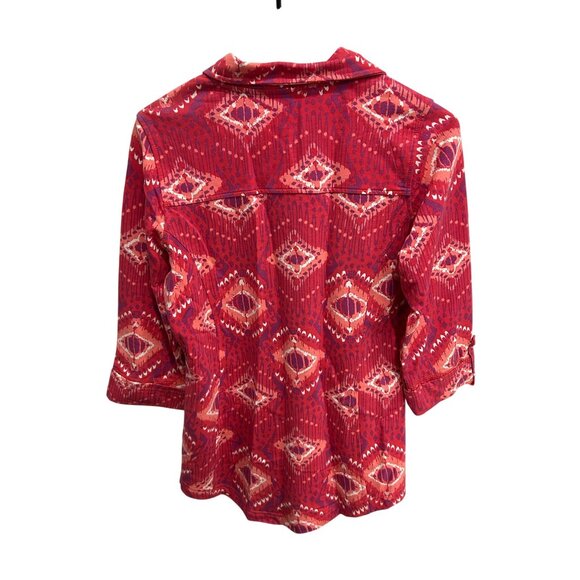 Threehearts Red Pink Ikat Print Zip Up Tunic Blouse Sz Small - Picture 2 of 10